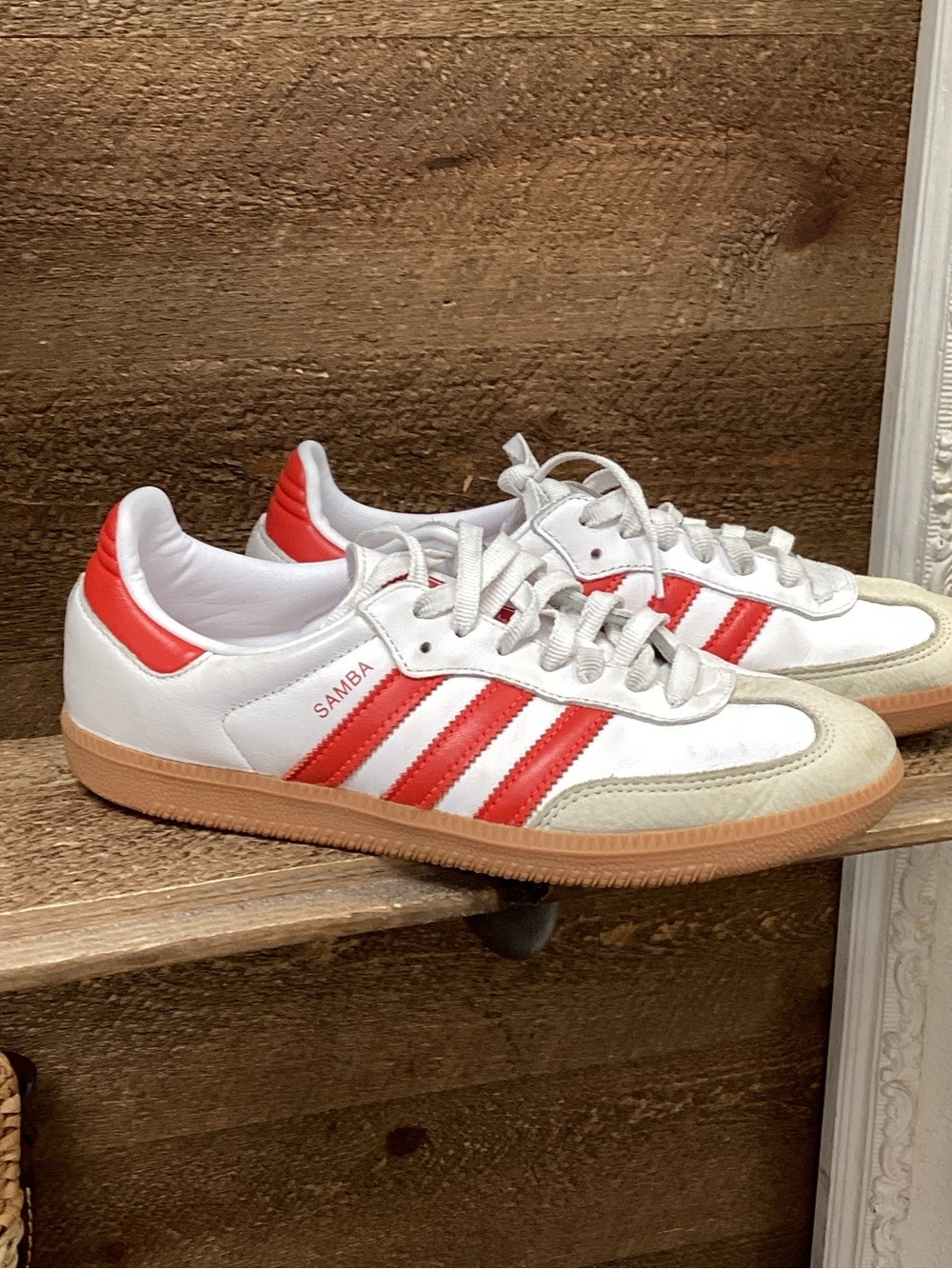 adidas Women’s Samba Sneakers in White & Red with Gum Sole